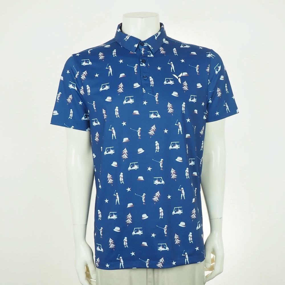 New Yatta Golf Polo Shirt Mens Medium Blue AOP Golfer Golf Cart Performance